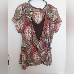 Notations Woman 2X  Bohemian Blouse Flutter Short Sleeve Button Accent